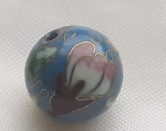 1950s cloisonne bead floral antique Blue pink green flowers ROUND BLUE 14mm