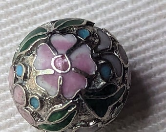 1970s cloisonne bead floral antique SILVER, pink, green flowers ROUND 16mm