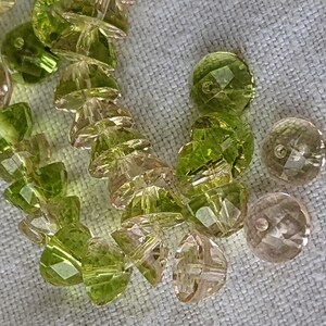 Vintage Glass Beads. 1930s ANTIQUE German crystal OLIVE GREEN pale peach givre cone faceted 10mm