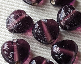 AMETHYST PURPLE Glass/ 80s Vintage BEADS/ hearts 14mm (8)