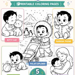 Könnte beinhalten: Ein Malpaket mit fünf druckbaren Seiten mit Baby-Illustrationen. Die Bilder zeigen ein Baby mit einer Katze, ein Baby mit einer Banane, ein Baby, das mit einem Ball spielt, ein Baby als Polarforscher und ein Baby, das von einer Mutter umarmt wird. Der Text lautet "Sofort-Download".