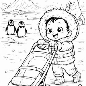 Könnte beinhalten: Schwarz-Weiß-Illustration eines Kindes, das einen Kinderwagen in einer verschneiten Landschaft schiebt. Zwei Pinguine und ein Eisbär sind ebenfalls vorhanden. Das Kind trägt einen Wintermantel mit Kapuze mit Fellbesatz. Der Kinderwagen hat vier Räder. Der Text "Baby Tayo" befindet sich unten rechts.