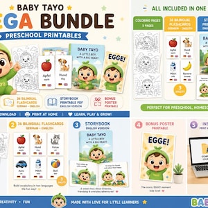 Könnte beinhalten: Ein Baby Tayo Mega Bundle mit Vorschul-Druckvorlagen. Enthält Malvorlagen, zweisprachige Karteikarten, ein Storybook und ein Bonusposter. Das Bundle zeigt einen Cartoon-Jungen in einem grünen Outfit und den Text "EGGE!" auf dem Poster.