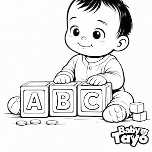 Könnte beinhalten: Schwarz-Weiß-Illustration eines Babys mit ABC-Blöcken. Das Baby lächelt und spielt mit drei Blöcken, die ABC buchstabieren. Zusätzliche Blöcke und ein Ball sind ebenfalls vorhanden. Das Bild enthält das Logo "Baby Tayo".
