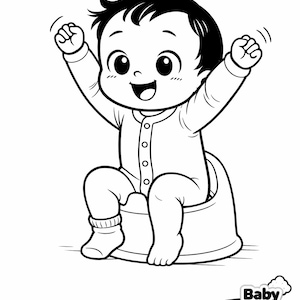 May include: Black and white cartoon illustration of a baby sitting on a potty, with arms raised in the air. The baby is wearing a onesie and socks. The image includes the text "Baby Tayo".