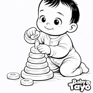 Könnte beinhalten: Schwarz-Weiß-Illustration eines Babys, das mit einem Stapelringspielzeug spielt. Das Baby trägt einen Strampler und lächelt. Das Logo "Baby Tayo" befindet sich in der unteren rechten Ecke.