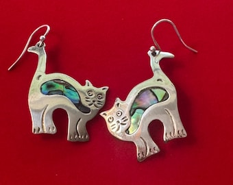 Vintage Alpaca Mexico Cat Drop Earrings with Abalone Shell Inlay Feline Set Handmade