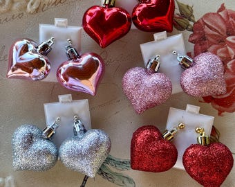 XL Heart Puffy Earrings Lightweight Fun Pink Silver Red Sparkly Assorted Colors
