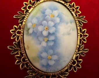 Vintage Oval Floral Transferware Porcelain Pendant Brooch Pin 1970s Blue Flowers