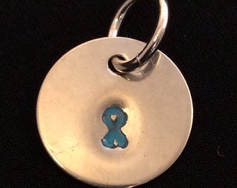 5/8 Ovarian Cancer Ribbon Charm Hand Painted Nickel Silver Teal Dome