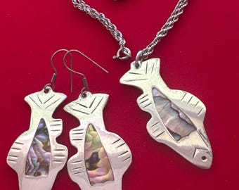 Vintage Alpaca Mexico Herring Drop Earrings with Abalone Shell Inlay Fish Set Handmade