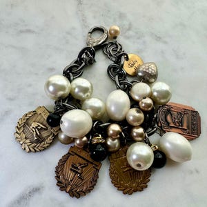 High Jump Hurdles Medals Charm and Antique Button Bracelet
