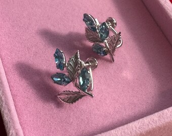 Van Dell Screw Back Earrings Sterling Silver Vintage Floral With Leaves Blue Stones