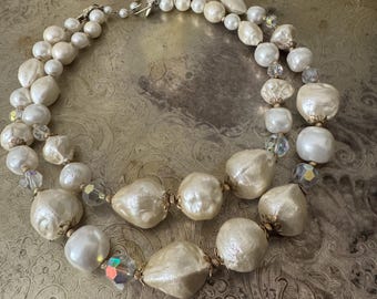 Vintage Faux Baroque Pearl Necklace Double Strand Cream Beaded 1950s