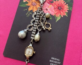 Lovely Bridal Bouquet Charm Carravale Watchface Vintage Mixed Metals Steam Punk Wedding Ring Charm Rhinestone Heart