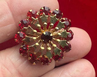 Starburst Pin Red Rhinestone Brooch Vintage Atomic Blast Pin