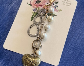 1 - Bridal Bouquet Charm Gruen Vintage Watch Face Gold Heart Bling