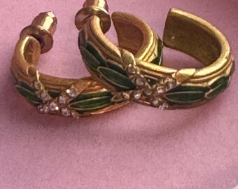 Vintage Metropolitan Museum of Art MMA FBS Faberge-style Green Enamel Cystal Hoop Earrings