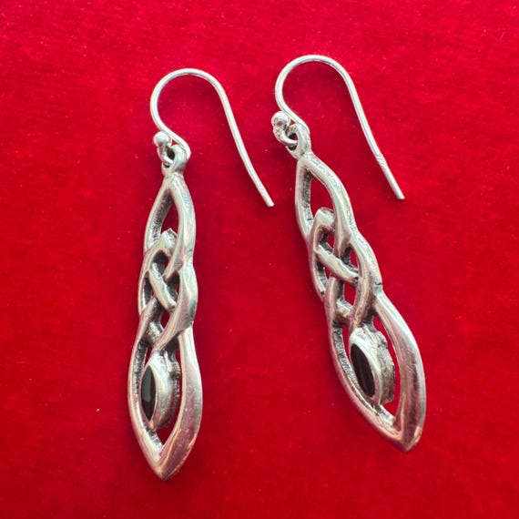 Sterling Celtic Knot Drop Earrings with Oval Onxy Stone
