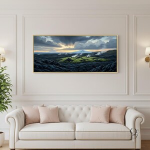 Arte volcánico de Islandia sobre lienzo, pintura de paisaje de lava con espátula, decoración nórdica con técnica de impasto.