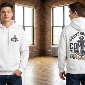 Commit Your Work-hoodie, christelijk motiverend zwaargewicht sweatshirt met capuchon, Spreuken 16:3, unisex streetwear.