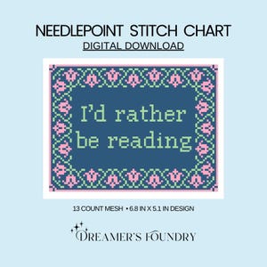 May include: A digital needlepoint stitch chart with the text "I'd rather be reading" in green pixelated letters on a dark blue background. The design is framed with pink and green floral patterns. The chart measures 6.8 x 5.1 inches.