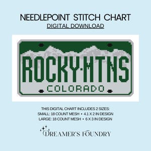 May include: Digital needlepoint stitch chart with a pixelated Colorado license plate design, displaying "ROCKY MTNS" and "COLORADO". The chart offers two sizes: 10.4 x 5.1 cm and 15.2 x 7.6 cm. The text "NEEDLEPOINT STITCH CHART DIGITAL DOWNLOAD" is at the top.