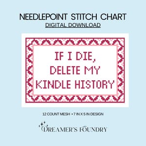 Grappige borduurkaart | Als ik sterf, verwijder mijn Kindle-geschiedenis | DIY-boekdecor, boekkussen borduren (digitale download)