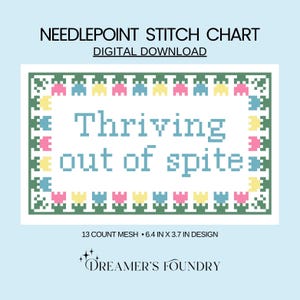 May include: Digital needlepoint stitch chart with the text "Thriving out of spite" in light blue. The design is framed with a border of green, pink, and yellow pixelated flowers. The chart measures 16.26 cm by 9.4 cm.