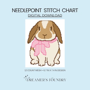 May include: A digital download needlepoint stitch chart featuring a pixelated bunny with brown and white fur, wearing a pink bow. The design is 5.7 inches by 7.4 inches and is on 12 count mesh. The text "NEEDLEPOINT STITCH CHART" and "DIGITAL DOWNLOAD" are at the top.