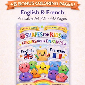 Libro para colorear de formas bilingües / Inglés y francés, para niños (PDF imprimible)