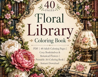 Florale Bibliothek Malbuch | 40 Gemütliche Bücherregale Botanische Blumen (Digital Download)