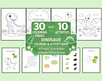 Dinosaurier Mal- & Aktivitätsbuch - 30 Seiten, 10 Aktivitäten (druckbare PDF im A4-Format)