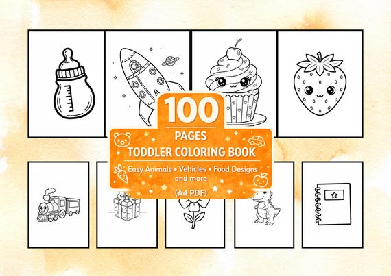 Toddler Coloring Book, 100 Easy Pages: Animals, Vehicles, Food (PDF Download)