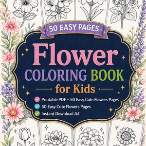 Libro para colorear de flores para niños, 50 páginas fáciles, PDF imprimible (A4)