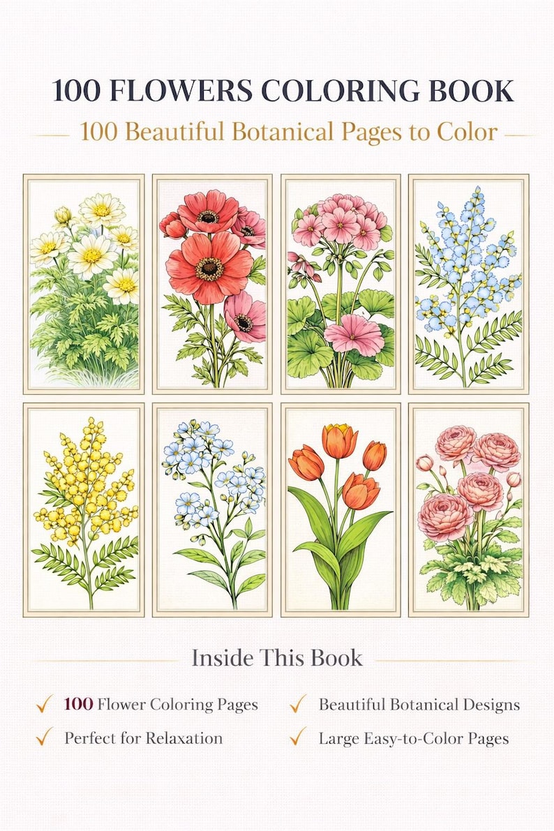 100 Flowers Coloring Book for Adults – Botanical Floral Pages (digital ...