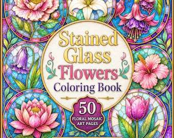 Buntglas Blumen Malbuch | 50 Blumen Mosaik Kunst Seiten (PDF Download)