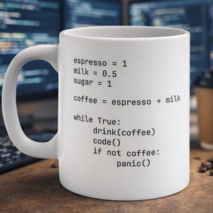 Funny Python Mug "while True: drink coffee", Programmer Gift, Coding Humour Mug
