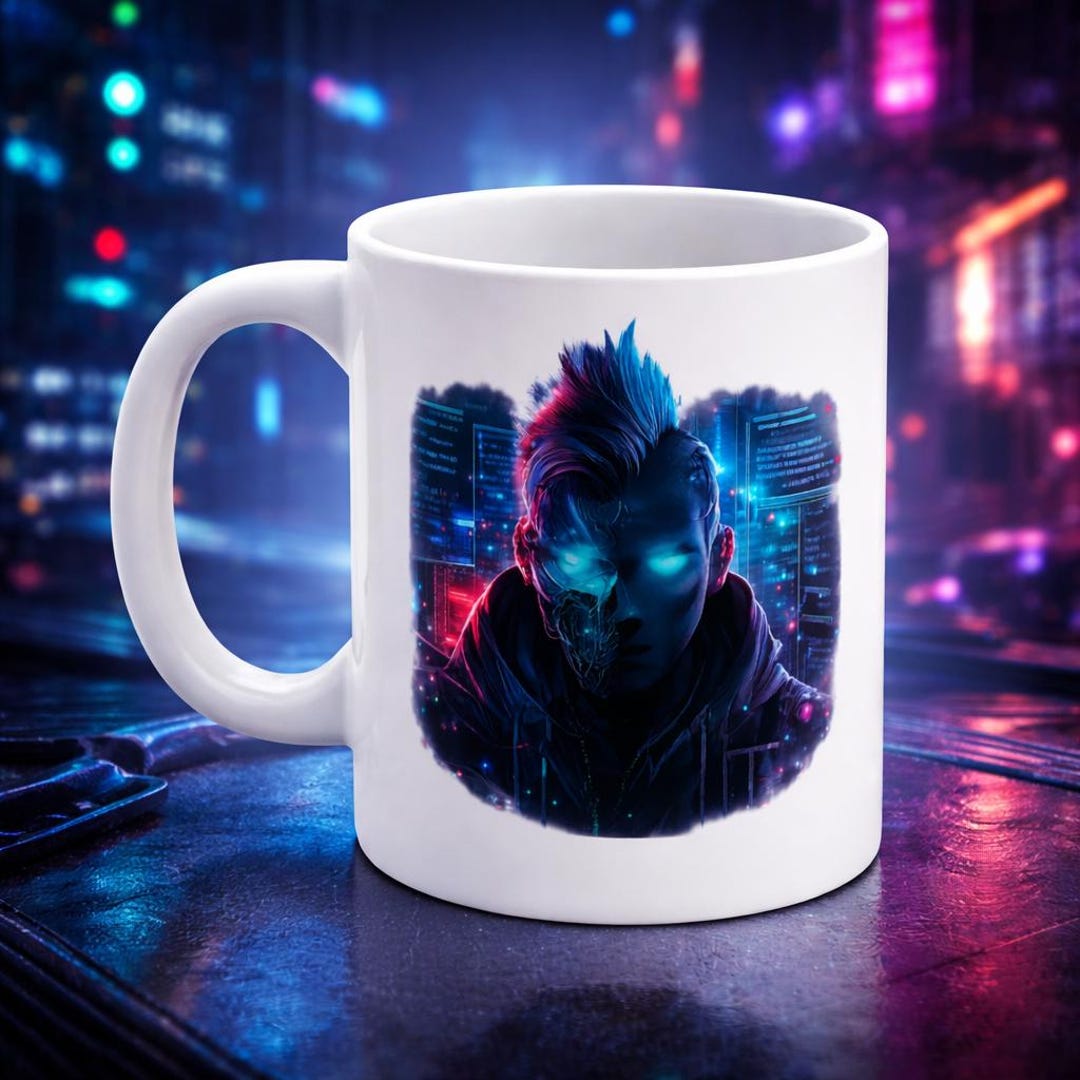 Cyberpunk Hacker Mug - Neon Cyborg Mohawk Design | Futuristic Tech ...