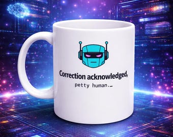 Caneca minimalista com robô de IA - "Correção reconhecida, humano insignificante."