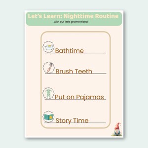 May include: A beige poster with a green header that reads "Let's Learn: Nighttime Routine." The poster includes illustrations and text for a child's bedtime routine: Bathtime, Brush Teeth, Put on Pajamas, and Story Time. A gnome is in the corner.