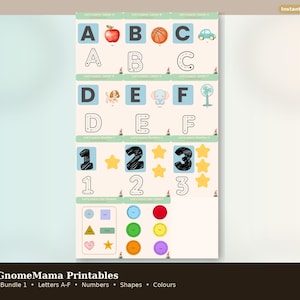 Hojas de trabajo para trazar el alfabeto de los gnomos / Letras A-F, números, formas (descarga digital)