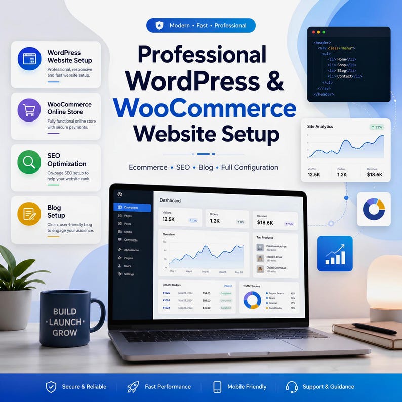 Peut inclure: Un ordinateur portable affichant un tableau de bord WordPress avec des analyses, entour&eacute; d'ic&ocirc;nes pour la configuration de sites, WooCommerce, SEO et blog. Un mug bleu avec le texte BUILD LAUNCH GROW est pr&eacute;sent. Le graphique inclut des d&eacute;tails sur les services.