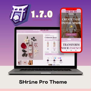 Può includere: Un laptop e uno smartphone mostrano un'interfaccia di sito web e app con il testo "CREATE THAT INITIAL SPARK" e "TRANSFORM YOUR ESSENCE". Il sito web presenta un prodotto di profumo chiamato "Crimson Rose". L'immagine include un'icona di santuario viola e il testo "SHrine Pro Theme."