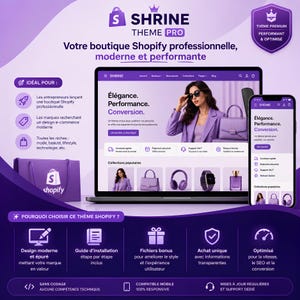 Puede incluir: Un gráfico de marketing digital para Shrine Theme Pro con un portátil y un smartphone que muestran una interfaz de tienda Shopify en tonos violetas. El diseño incluye texto en francés, iconos y una bolsa de compras violeta para e-commerce.