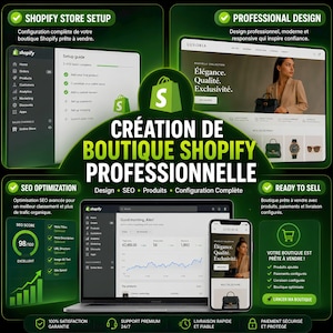 Puede incluir: Un gráfico de marketing para servicios de creación de tiendas Shopify. Muestra una computadora portátil y un teléfono inteligente con paneles de comercio electrónico, una interfaz web profesional y un puntaje SEO de 98/100. Texto: CRÉATION DE BOUTIQUE SHOPIFY PROFESSIONNELLE.