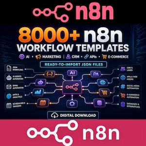 Peut inclure: Un graphique numérique présentant le logo n8n et le texte 8000+ n8n WORKFLOW TEMPLATES. Il affiche un nœud central AI relié à diverses icônes représentant l'IA, le marketing, le CRM, les API et l'e-commerce, avec l'étiquette READY-TO-IMPORT JSON FILES.