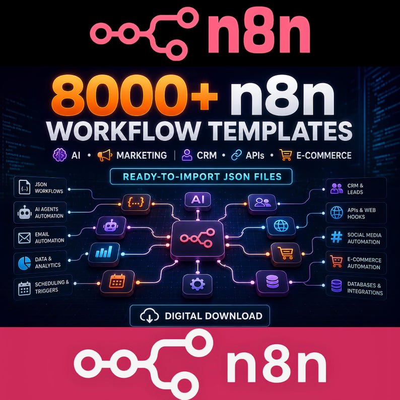 May include: A digital graphic featuring the n8n logo and the text 8000+ n8n WORKFLOW TEMPLATES. It displays a central AI node connected to various icons representing AI, marketing, CRM, APIs, and e-commerce, with the label READY-TO-IMPORT JSON FILES.