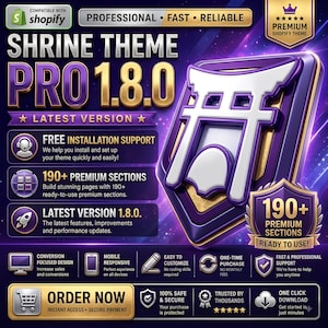Puede incluir: Un gráfico digital para el tema de Shopify Shrine Theme Pro 1.8.0. El diseño en morado y dorado presenta un icono de puerta torii y texto que destaca más de 190 secciones premium, soporte de instalación gratuito y descarga rápida.