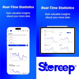 Könnte beinhalten: Ein weißes Smartphone und Tablet zeigen Echtzeit-Shop-Statistiken mit blauen Diagrammen und Daten an. Der Text "Real-Time Statistics" und "Gain valuable insights about your store data" werden angezeigt. Das Logo von "Storeep" ist ebenfalls sichtbar.